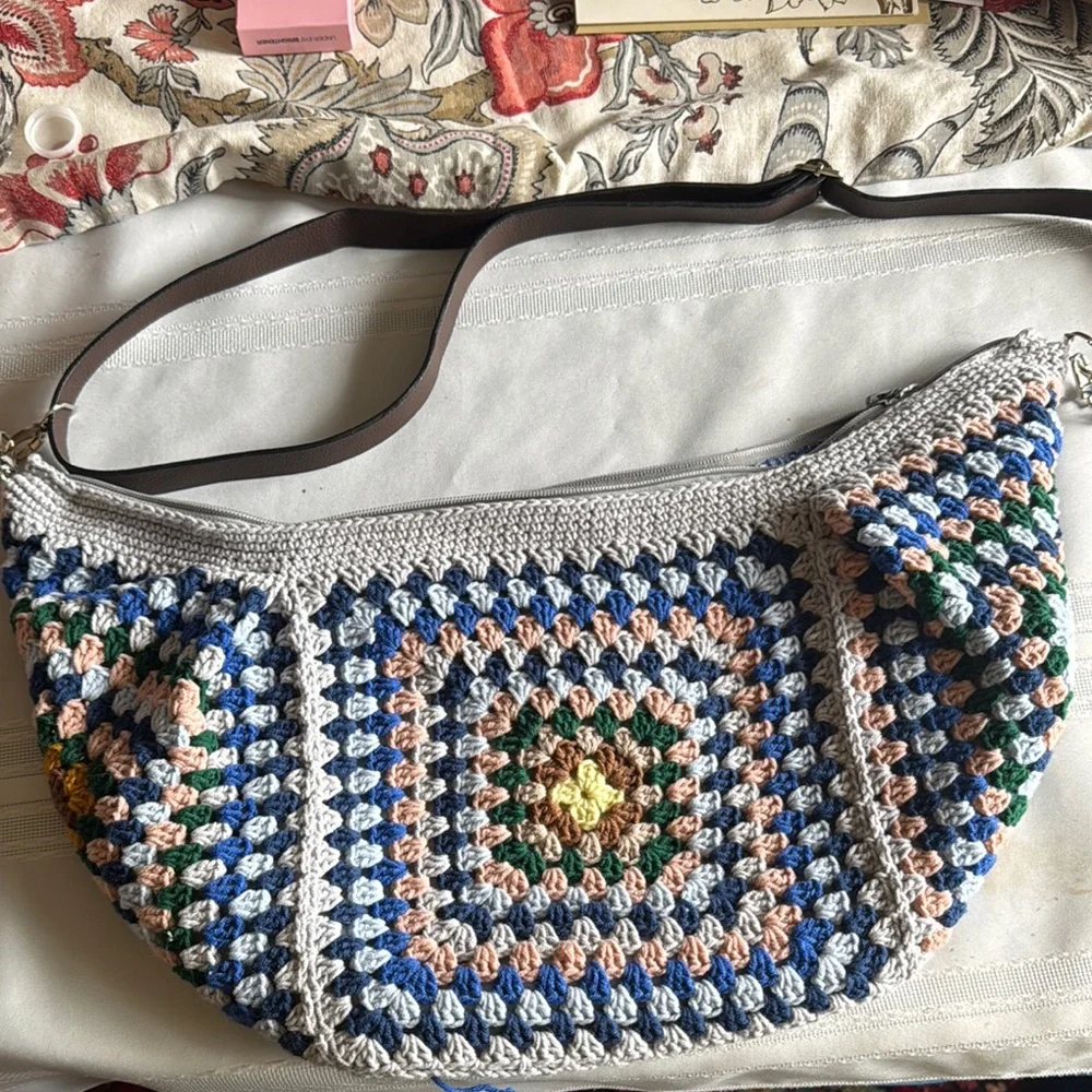 Blue and Gray Crochet Shoulder Bag with Crescent Shape - Picture 1 of 2
